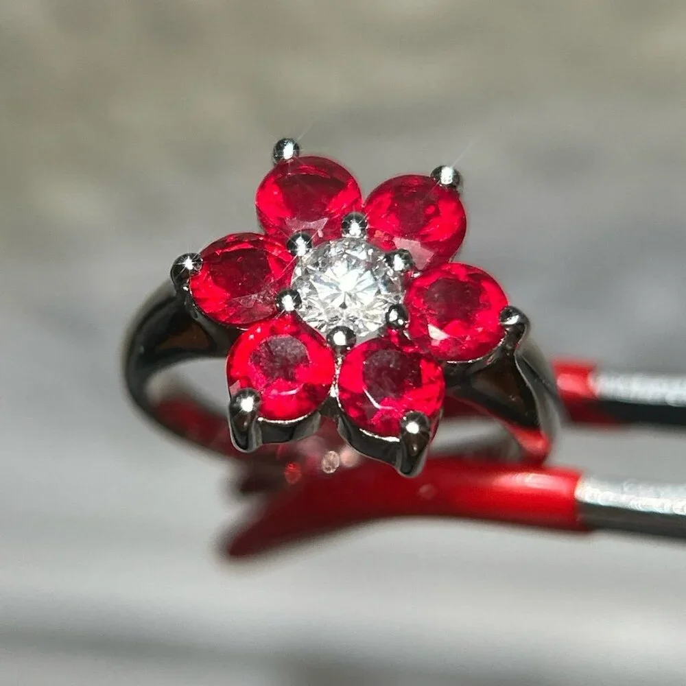 925‎ Silver Red/White Flower Ring